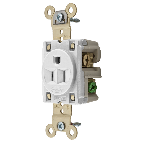 Hubbell Wiring Device-Kellems Straight Blade Devices, Receptacles, Single, Industrial Grade, 2-Pole 3-Wire Grounding, 15A 125V, 5-15R, White, Single Pack, Ring Terminal. HBL5261WRT